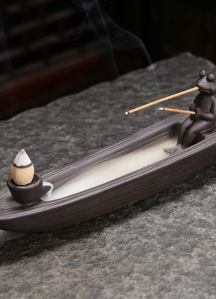 Frog Incense Holder Waterfall - Ceramic Cone Backflow Incense Burner Smoke Fountain, Back Flowing Incense Diffuser with 45 Sticks & 12 Cones, Frog Ornament for Aromatherapy/Yoga/Home Decor