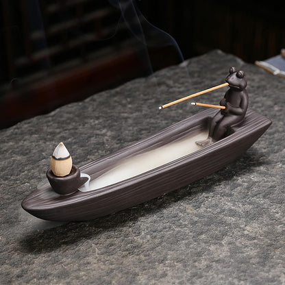 Frog Incense Holder Waterfall - Ceramic Cone Backflow Incense Burner Smoke Fountain, Back Flowing Incense Diffuser with 45 Sticks &amp; 12 Cones, Frog Ornament for Aromatherapy/Yoga/Home Decor