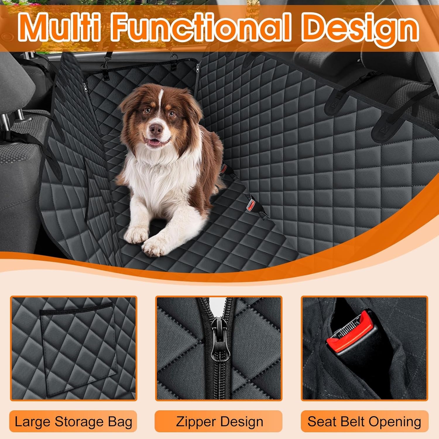 Waterproof Dog Car Seat Cover for Back Seat - Durable, Scratch Proof Pet Hammock with Nonslip Design &amp; Storage Pockets, Fits Cars, Suvs, Trucks- S, Black