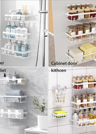 5 Pack Shower Caddy Organizer Rack Shelf for inside Shower, Self Adhesive Wall Storage Basket Rustproof Stainless Steel Shampoo Holder Bathroom Accessory Decor Set, White