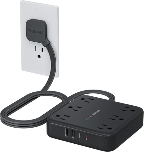 5Ft Black Extension Cord with Multiple Outlets, Surge Protector Power Strip with 6 Outlets and 4 USB Ports (2 USB C), 2100 Joules Protection, Flat Plug, Outlet Extender for Home, Office, Dorm