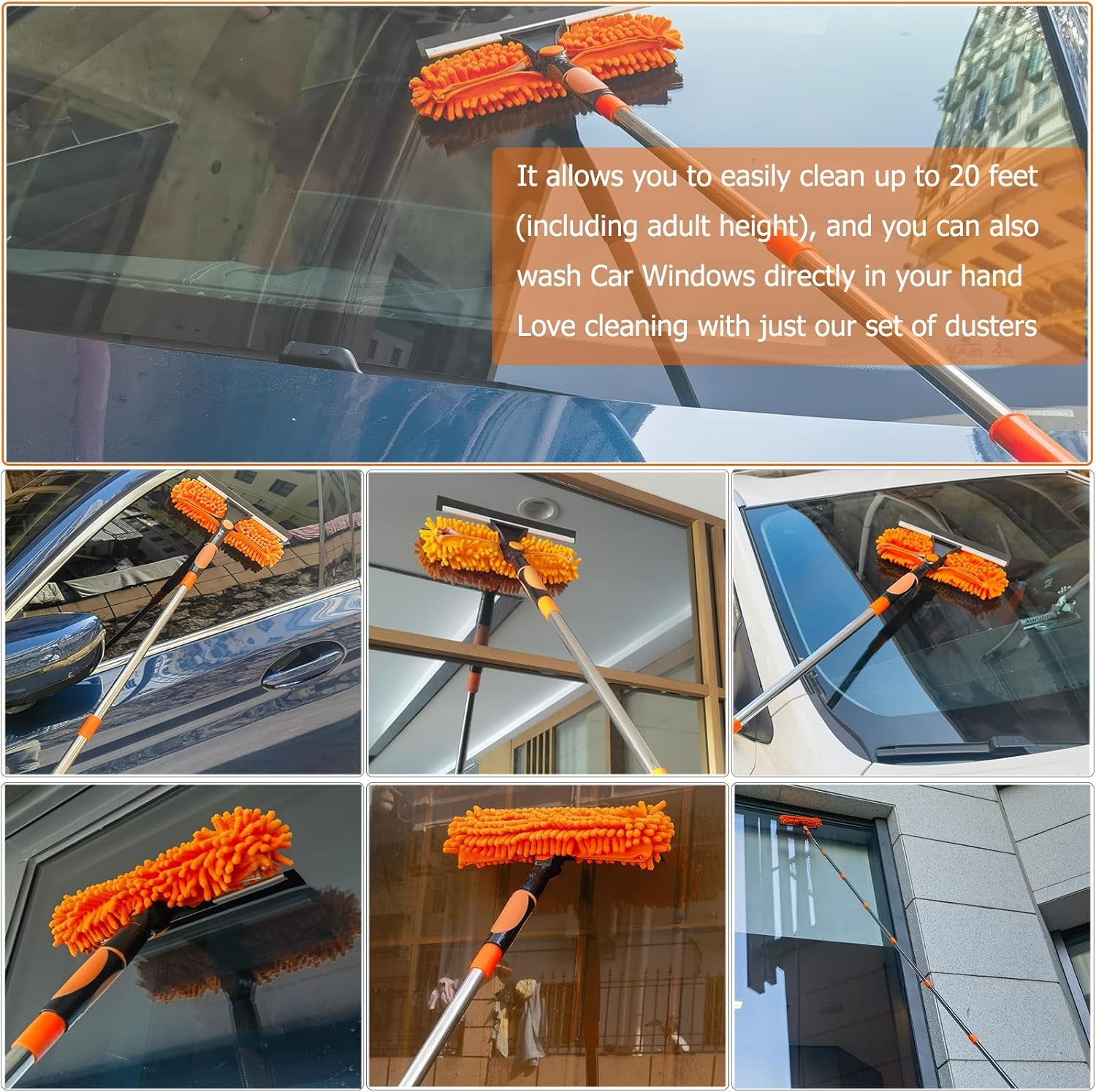 20+ Feet High Reach Dusting Kit with 3-14 Ft Extension Pole //2 in 1 Window Cleaning Kit // High Ceiling Duster // Cobweb Microfiber Duster // Outdoor &amp; Indoor Extendable Duster Cleaning Kit