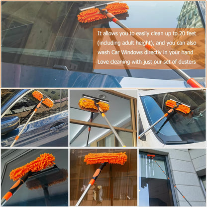 20+ Feet High Reach Dusting Kit with 3-14 Ft Extension Pole //2 in 1 Window Cleaning Kit // High Ceiling Duster // Cobweb Microfiber Duster // Outdoor &amp; Indoor Extendable Duster Cleaning Kit