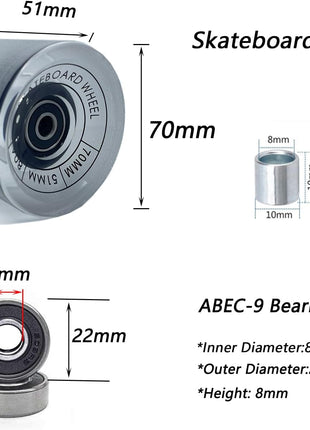 70Mm Longboard Wheels 80A Contains ABEC-9 Bearings and Spacers,Skateboard Riser Pads,Skateboard Hardware Screws Bolts,Fit for Your Longboard Skateboards.-Transparent Frosted