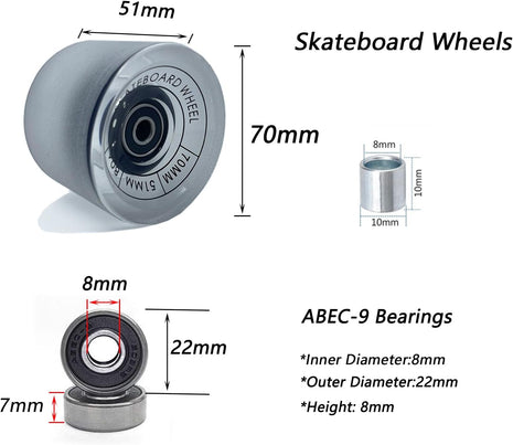 70Mm Longboard Wheels 80A Contains ABEC-9 Bearings and Spacers,Skateboard Riser Pads,Skateboard Hardware Screws Bolts,Fit for Your Longboard Skateboards.-Transparent Frosted