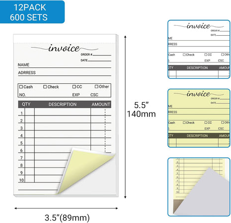 12 Pack Invoice Books for Small Business, 3.5 X 5.5 Inch 2 Part Carbonless Receipt Books, Carbon Duplicate Copy Order Form Book, Convenient Invoice Pads, 50 Sets Each Pad,Total 600 Sets