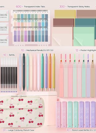 62PCS Aesthetic School Supplies with Corduroy Pencil Case, Pastel Highlighters Gel Pens Mechanical Pencils, Cute College Essentials Set (Cherry)