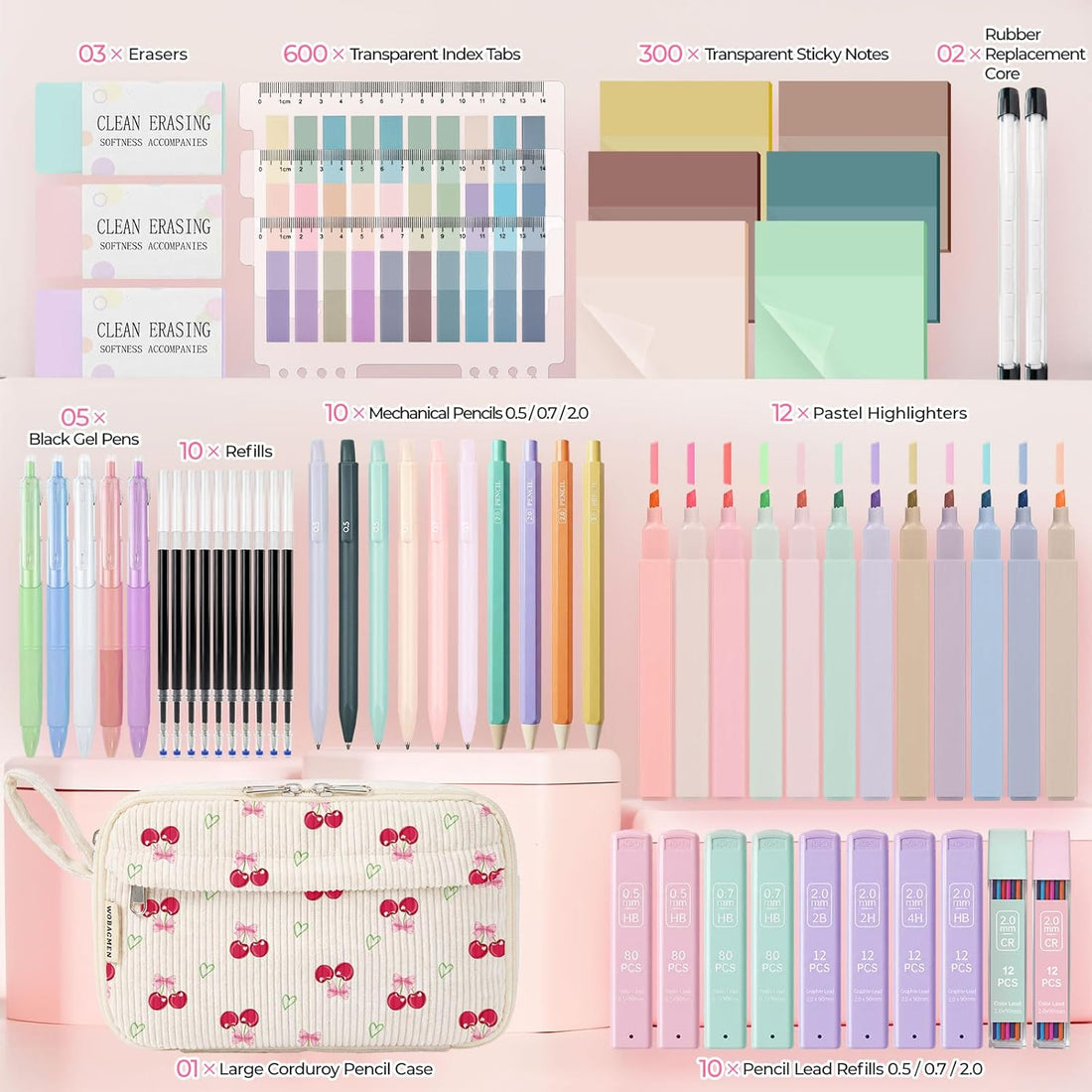 62PCS Aesthetic School Supplies with Corduroy Pencil Case, Pastel Highlighters Gel Pens Mechanical Pencils, Cute College Essentials Set (Cherry)