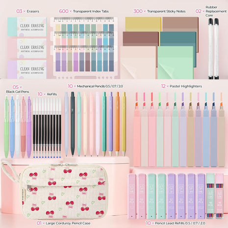 62PCS Aesthetic School Supplies with Corduroy Pencil Case, Pastel Highlighters Gel Pens Mechanical Pencils, Cute College Essentials Set (Cherry)