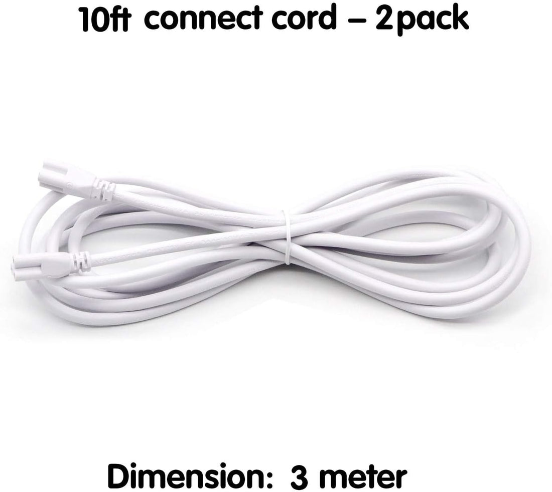 T5 T8 Extension Cords, 10 Ft 3 Meter Connectorcord, 3-Prong Extended Power Cable for Integratedled Tube Light, Single LED Shop Garage Lightfixture, under Cabinet Lights Pack of 2(10FT 2Pcs)