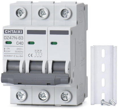 3 Pole DIN Rail Mount Circuit Breaker, 40 Amp 240V AC Miniature Circuit Breaker, Thermal Magnetic Trip AC Disconnect Switch MCB C40
