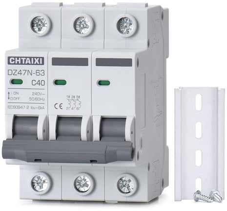 3 Pole DIN Rail Mount Circuit Breaker, 40 Amp 240V AC Miniature Circuit Breaker, Thermal Magnetic Trip AC Disconnect Switch MCB C40