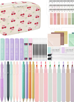 62PCS Aesthetic School Supplies with Corduroy Pencil Case, Pastel Highlighters Gel Pens Mechanical Pencils, Cute College Essentials Set (Cherry)