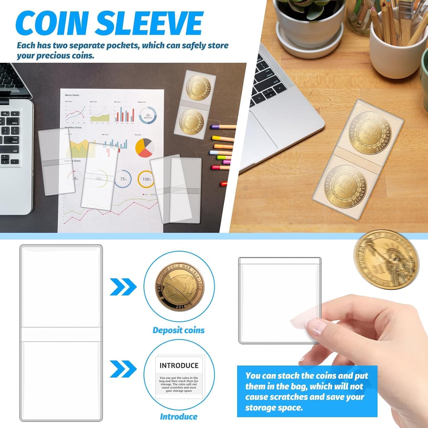 200 Pack Double Pocket Coin Flips, 2X2 Inch Clear Plastic Coin Sleeves for All Coins, Jewelry, Rings Earrings Gemstones Collection Supplies &amp; Protectors (Double Rectangular)