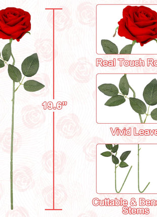 40PCS Red Roses Artificial Flowers - Long Stem Fake Roses Bouquet Silk Red Flowers Artificial Rose for Wedding Centerpiece Home Decor & Valentines Floral Arrangement