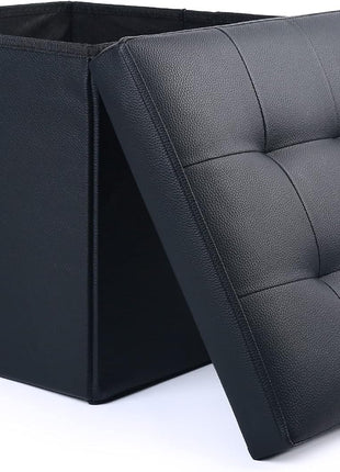 Storage Ottoman, Foldable Foot Rest Stool, 13X12X12 Inches Small Leather Bench with Storage, Holds up to 260 Lb, for Living Room, Bedroom, Dorm, Black