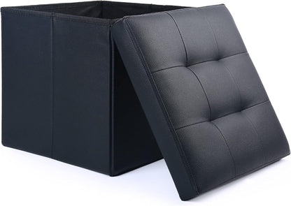 Storage Ottoman, Foldable Foot Rest Stool, 13X12X12 Inches Small Leather Bench with Storage, Holds up to 260 Lb, for Living Room, Bedroom, Dorm, Black