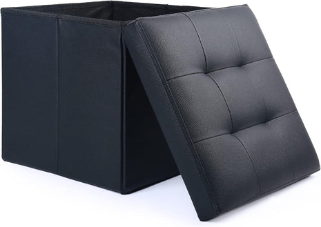Storage Ottoman, Foldable Foot Rest Stool, 13X12X12 Inches Small Leather Bench with Storage, Holds up to 260 Lb, for Living Room, Bedroom, Dorm, Black