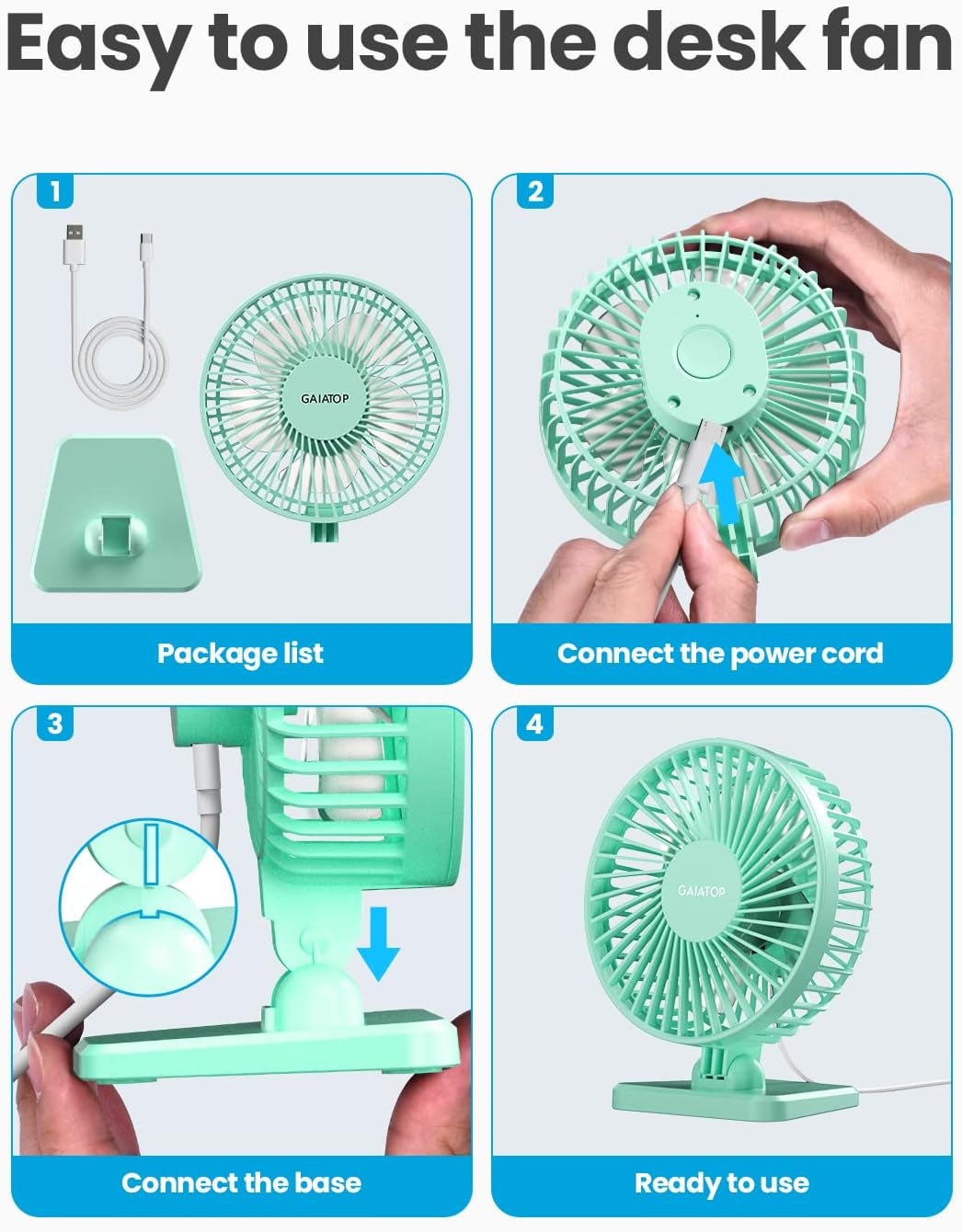USB Desk Fan, Small but Powerful, Personal Portable Quiet 3 Speeds, Adjustable Mini Table Desktop Fan for Cooling Home Office Car Summer Travel Gifts Green