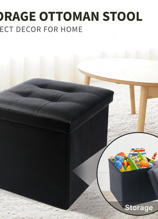 Storage Ottoman, Foldable Foot Rest Stool, 13X12X12 Inches Small Leather Bench with Storage, Holds up to 260 Lb, for Living Room, Bedroom, Dorm, Black