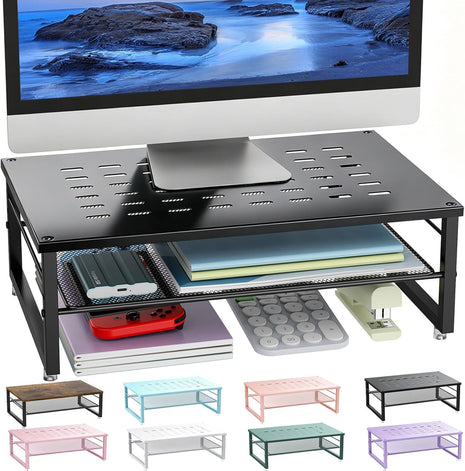 Desk Organizers and Accessories, 2-Tier Metal Monitor Stand Riser, Desk Organizer for Monitor, Office Desk Storage Organizer for Office Supplies (Black)