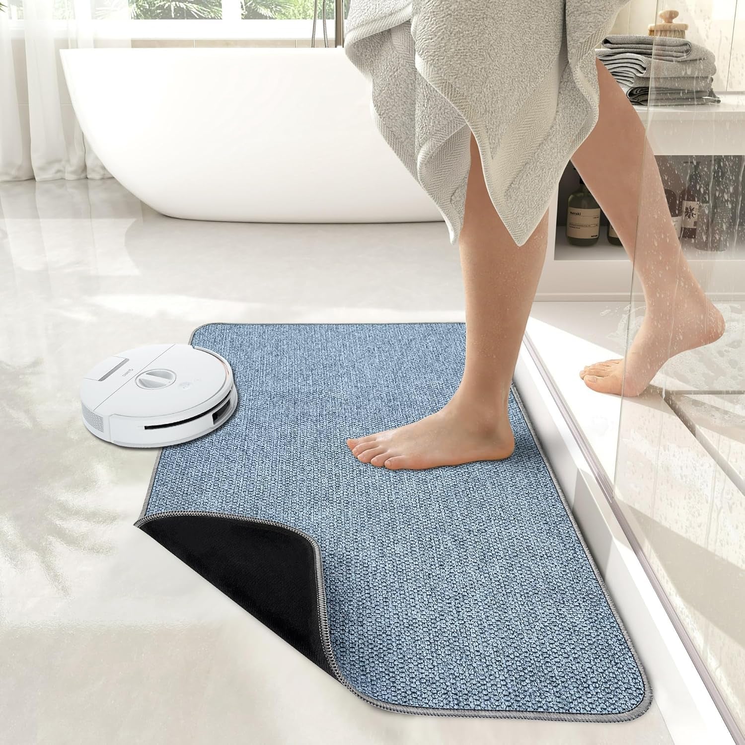 Bath Mat,Ultra Thin Bathroom Rugs,Rubber Bath Mats for Bathroom,No Slip Bath Rugs,Quick Dry,Machine Washable,Low Pile,Absorbent,Shower Outside,Sink,Home Decor Accessories.Blue,1&