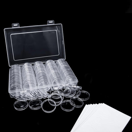 100 Pack 30Mm Coin Capsules with White Protect Gasket and Plastic Storage Organizer Box for Coin Collection Supplies, Clear and round Plastic Capsules, Fits 17/20/25/27/30Mm Size Coins