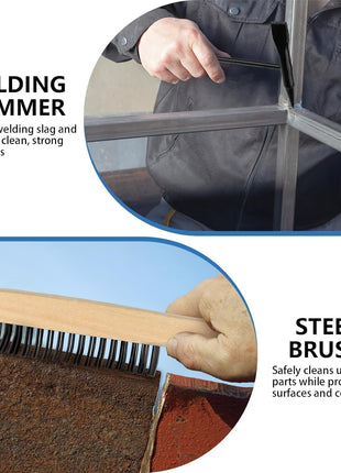 2 Pack Welding Chipping Hammer and Wire Brush Set – 11" Hammer with Coil Spring Handle, Cone and Vertical Chisel and 9.8" Stainless Steel Brush for Slag, Spatter, Residue Removal