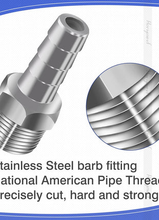 304 Stainless Steel 1/2" Barb Hose to 1/2 NPT Home Brew Pipe Barbed Nipple Fitting. Pack of 4