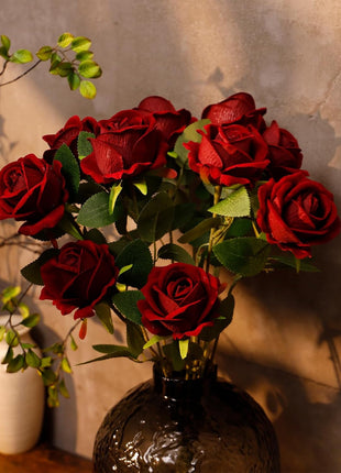 12 Pcs Artificial Rose Flowers, Dark Red Silk Roses with Long Stems, Realistic Fake Roses for Wedding Centerpiece Party Home and Office DIY Decor