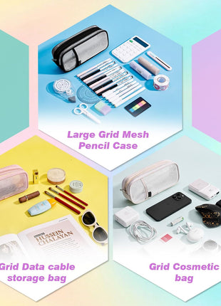 Grid Mesh Pencil Case, Large Compartment Pen Pouch with Zipper, Clear Portable Multifunction Pen Bag for School, Office, Girls Boys Teen, Transparent Makeup Travel Organizer (Yellow)