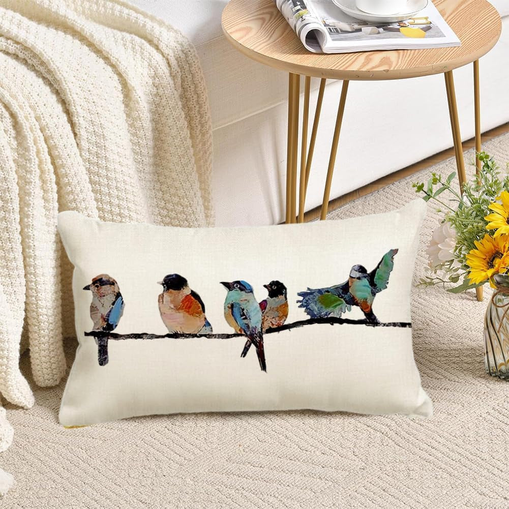 12X20 Lumbar Pillow Decorative Throw Pillows,Small Hand-Painted Outdoor Birds Pillowcases,Spring Summer Pillows Decorative Throw Cushion Covers Linen for Couch Sofa Teal Blue