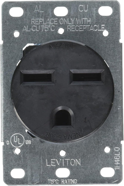 30 Amp, 250V, Nema 6-30R, 2P, 3W, Flush MTG Receptacle, Straight Blade, Industrial Grade, Groundingside Wired, Steel Strap, 5372-S00, Black