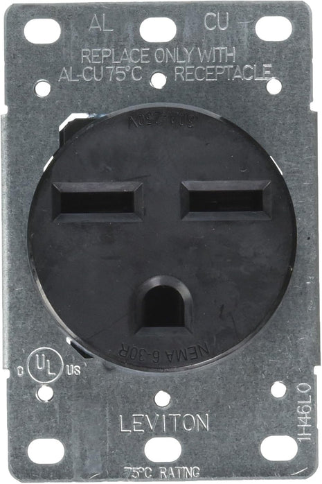30 Amp, 250V, Nema 6-30R, 2P, 3W, Flush MTG Receptacle, Straight Blade, Industrial Grade, Groundingside Wired, Steel Strap, 5372-S00, Black