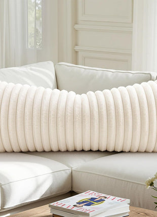 Summer Cozy Faux Fur Throw Pillow Covers 14X36 Pack of 1 Decorative Soft Plush Striped Lumbar Modern Farmhouse Boho Couch Pillow Cases with Velvet Back for Sofa Bed Living Room, Cream White