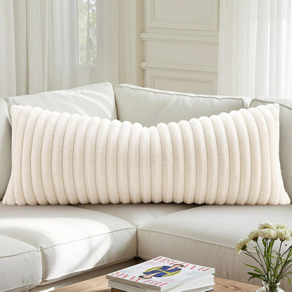 Summer Cozy Faux Fur Throw Pillow Covers 14X36 Pack of 1 Decorative Soft Plush Striped Lumbar Modern Farmhouse Boho Couch Pillow Cases with Velvet Back for Sofa Bed Living Room, Cream White