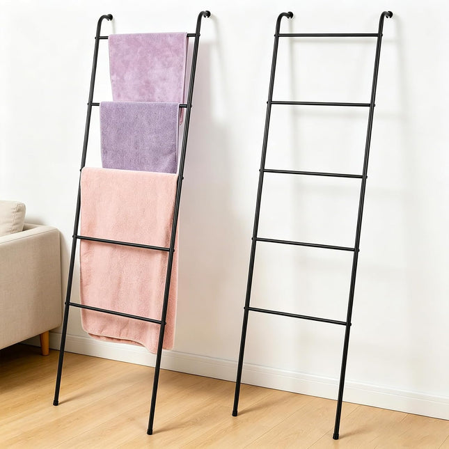 2 Pack Blanket Ladder Bathroom Metal Towel Ladder, 5 Tier Wall Leaning Towel Rack Black Blanket Holder for Living Room Laundry Room Home Decor
