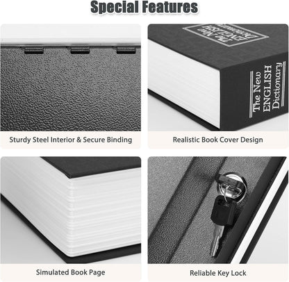 Diversion Book Safe with Key Lock, Secret Safe Metal Lock Box, Money Storage Collection Box, 9.5" X 6.2" X 2.2", Black Large