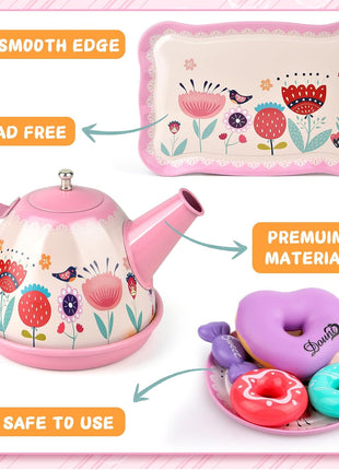 Tea Party Set for Little Girls, Flower Tea Sets Toys for Toddlers Girls Age 3 4 5 6 Year Old, Toddler Kids Kitchen Pretend Play Toys