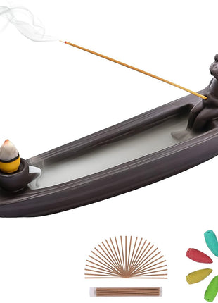 Frog Incense Holder Waterfall - Ceramic Cone Backflow Incense Burner Smoke Fountain, Back Flowing Incense Diffuser with 45 Sticks & 12 Cones, Frog Ornament for Aromatherapy/Yoga/Home Decor