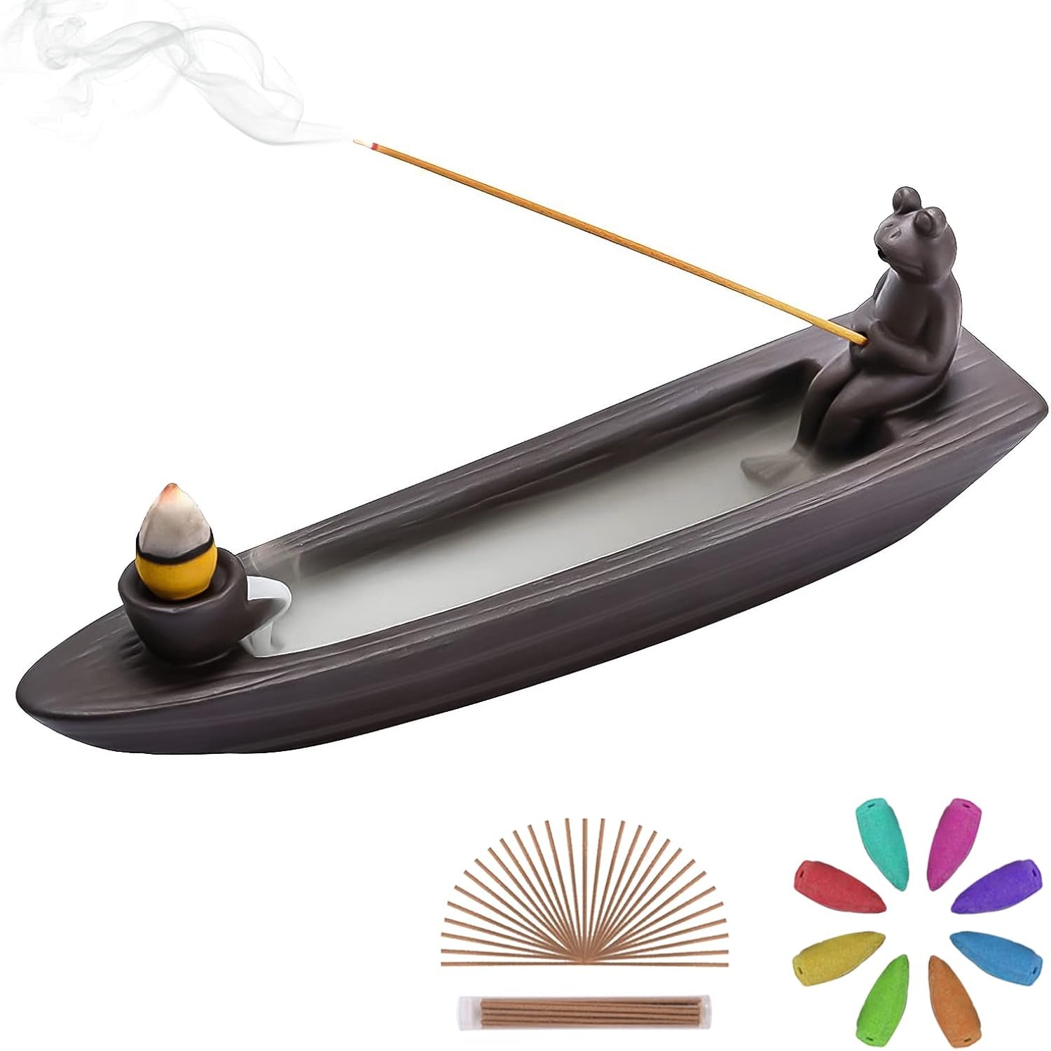 Frog Incense Holder Waterfall - Ceramic Cone Backflow Incense Burner Smoke Fountain, Back Flowing Incense Diffuser with 45 Sticks &amp; 12 Cones, Frog Ornament for Aromatherapy/Yoga/Home Decor