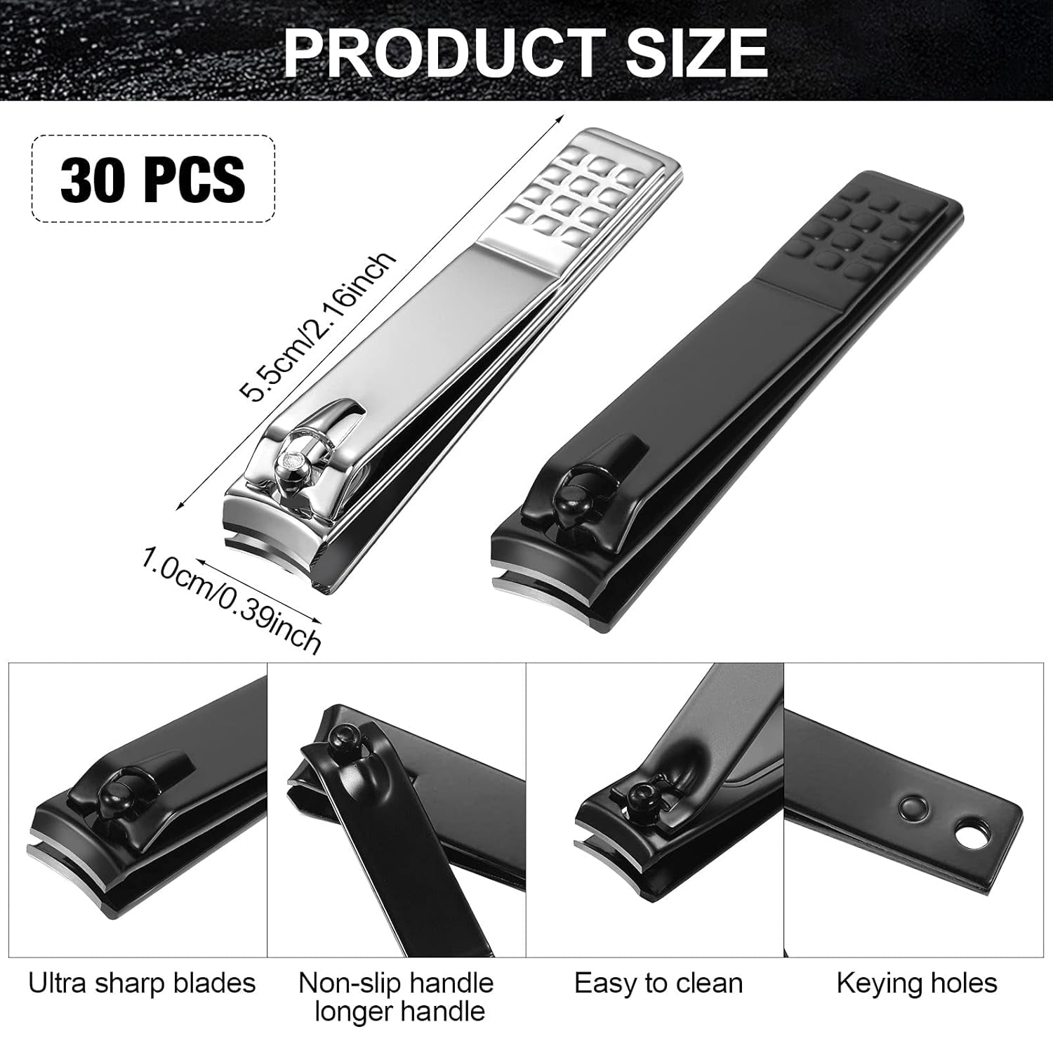 50 Pieces Nail Clipper Set Fingernails and Toenail Bulk Clipper Flat Stainless Steel Nail Cutter for Women Men Thick Nails, Black and Silver