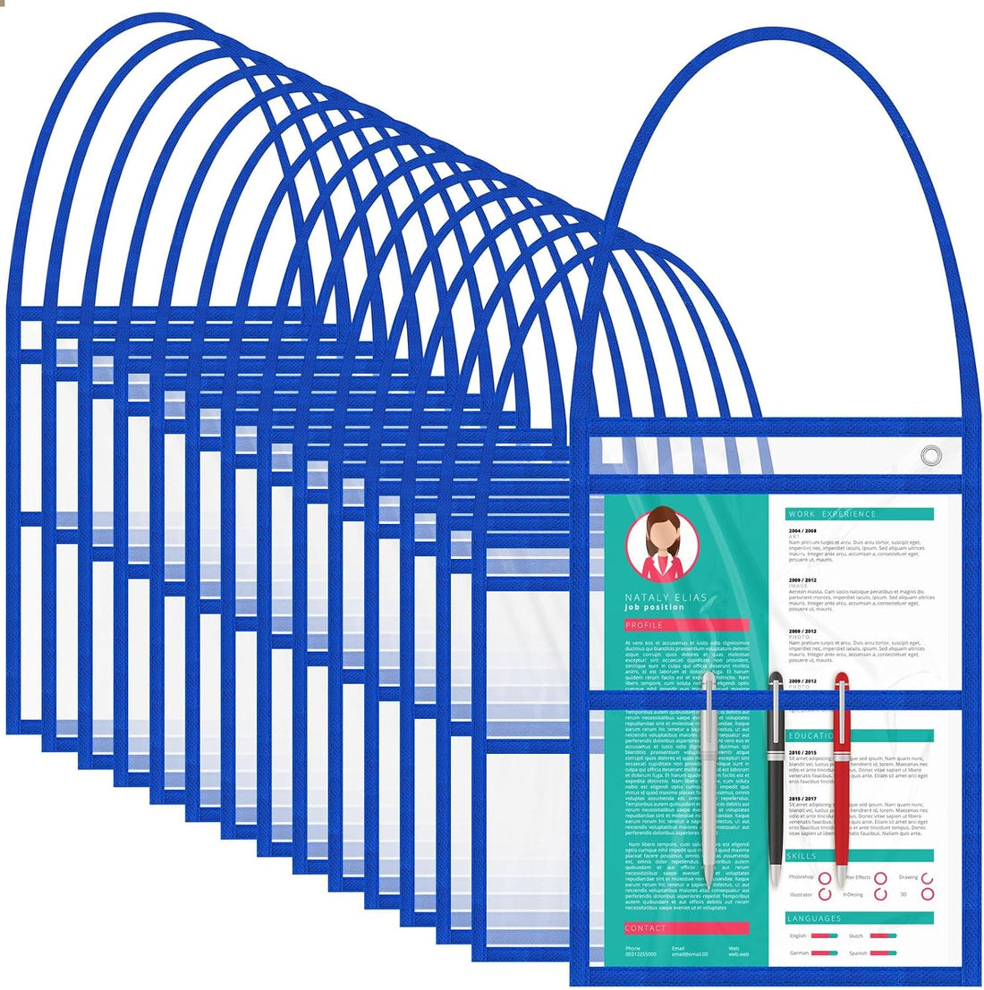 15 Job Ticket Holder 9 X 12 Dry Erase Pocket Sleeves Work Order Plastic Sleeves with Hanging Strap Reusable Repair Shop Ticket Holders, Both Sides Clear (Blue)