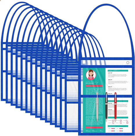 15 Job Ticket Holder 9 X 12 Dry Erase Pocket Sleeves Work Order Plastic Sleeves with Hanging Strap Reusable Repair Shop Ticket Holders, Both Sides Clear (Blue)