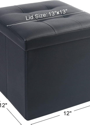 Storage Ottoman, Foldable Foot Rest Stool, 13X12X12 Inches Small Leather Bench with Storage, Holds up to 260 Lb, for Living Room, Bedroom, Dorm, Black