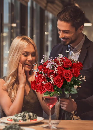40PCS Red Roses Artificial Flowers - Long Stem Fake Roses Bouquet Silk Red Flowers Artificial Rose for Wedding Centerpiece Home Decor & Valentines Floral Arrangement