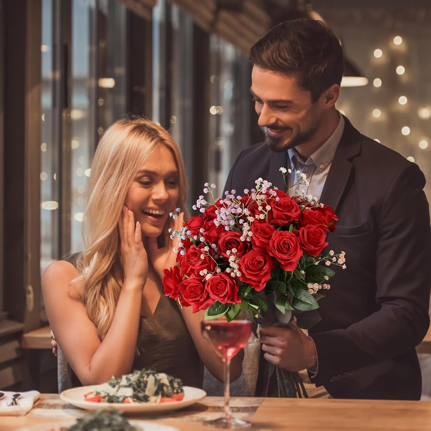 40PCS Red Roses Artificial Flowers - Long Stem Fake Roses Bouquet Silk Red Flowers Artificial Rose for Wedding Centerpiece Home Decor &amp; Valentines Floral Arrangement