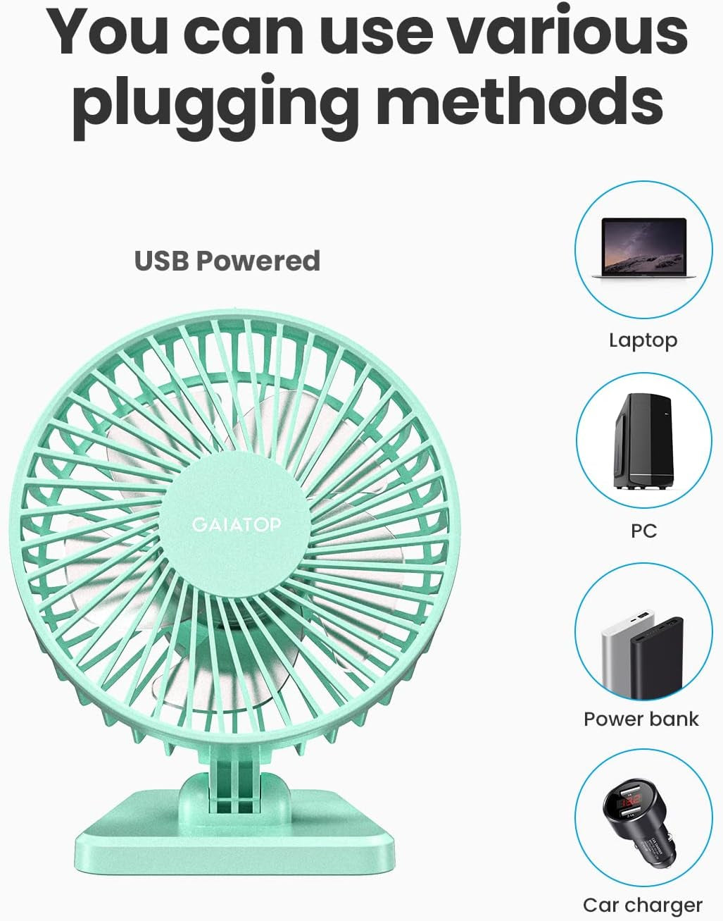 USB Desk Fan, Small but Powerful, Personal Portable Quiet 3 Speeds, Adjustable Mini Table Desktop Fan for Cooling Home Office Car Summer Travel Gifts Green