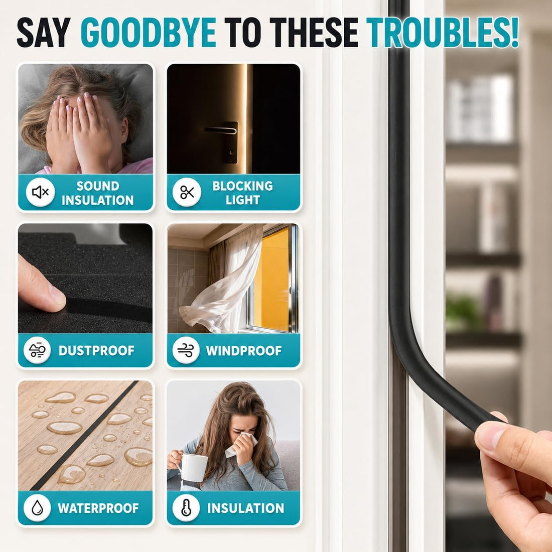 20FT Weather Stripping Door Seal, Self-Adhesive Silicone D-Shaped Seal Strip for Door Frame &amp; Window Gaps, Soundproof Insulation Gap Filler