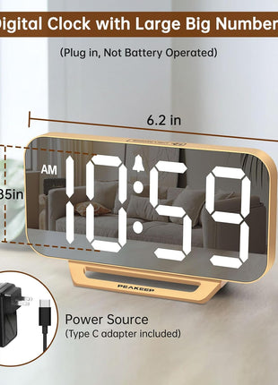 Slim Digital Mirror Aesthetic Alarm Clock for Bedrooms Desk Decor - Plug in Electric Big LED Modern Small Clock for Office Living Room, Battery Backup, 6 Dimmers (Gold)